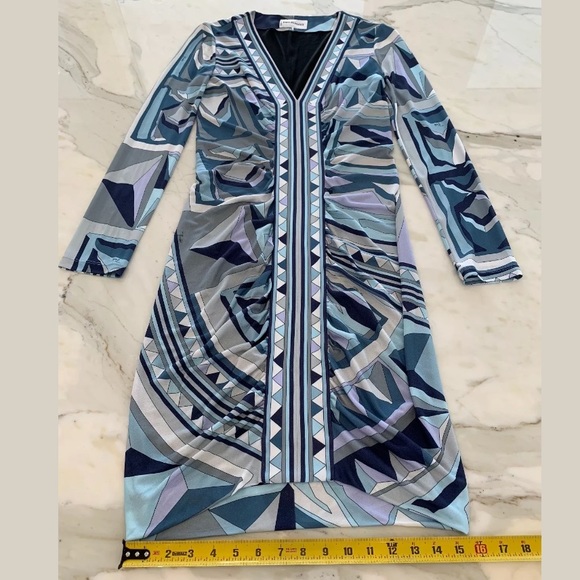 EMILIO PUCCI BLUE MULTI PRINT LONG SLEEVE DRESS SIZE IT 42 / US 8 NWOTS! - Picture 10 of 17